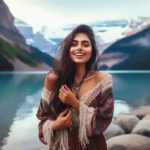 A joyful Indo-American woman in a bohemian outfit poses on the shores of turquoise Lake Louise, with snow-capped mountains behind her.