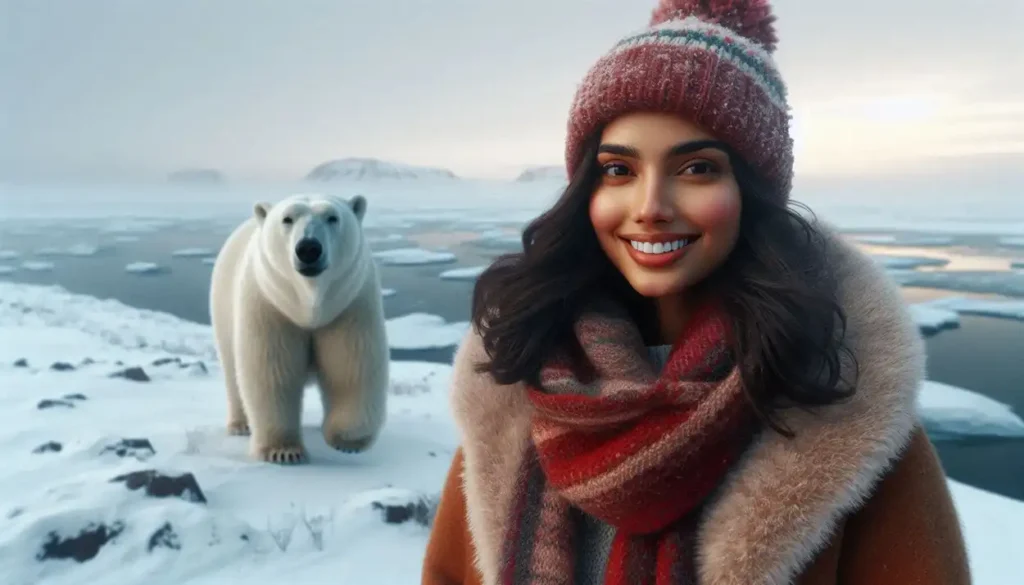 Woman in winter attire witnessing a polar bear in snowy Churchill.