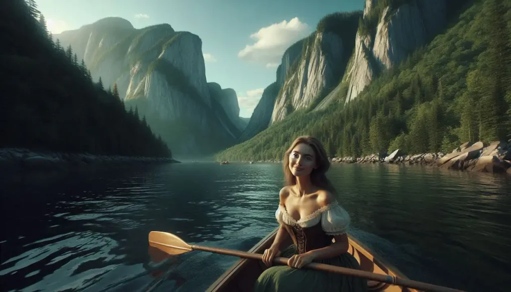 An adventurous Indo-American woman kayaks on a pristine lake in Fundy National Park, surrounded by lush greenery and towering cliffs.