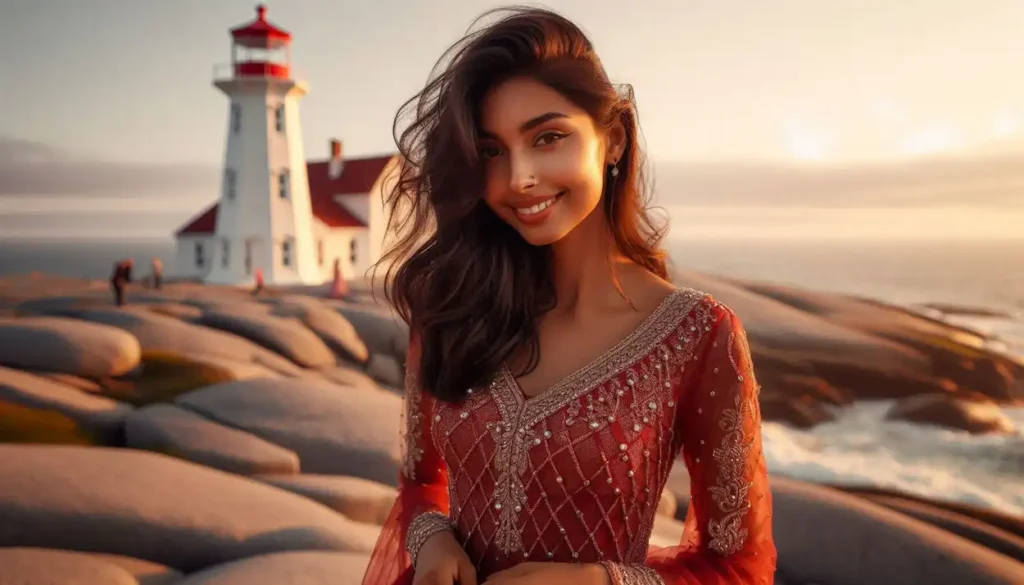 A woman in romantic attire stands on the rocks at Peggy's Cove, Nova Scotia, with the lighthouse in the background.