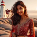 A woman in romantic attire stands on the rocks at Peggy's Cove, Nova Scotia, with the lighthouse in the background.