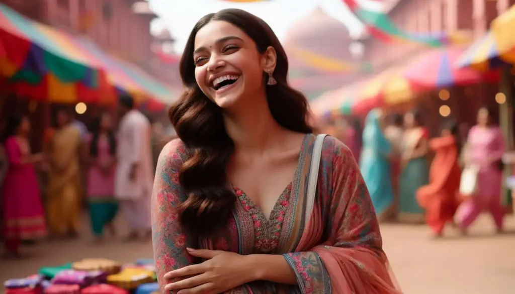 Smiling Indian woman in a salwar kameez enjoys the vibrant atmosphere of the Surajkund Crafts Mela.