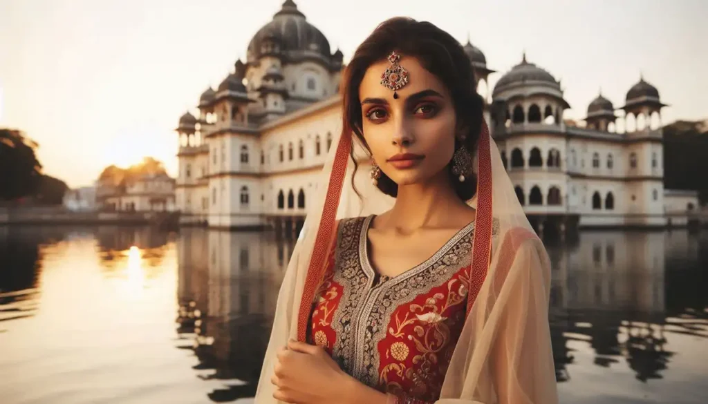 Fair woman , wearing a Tripuri rignai, poses at Neermahal Palace during sunset.