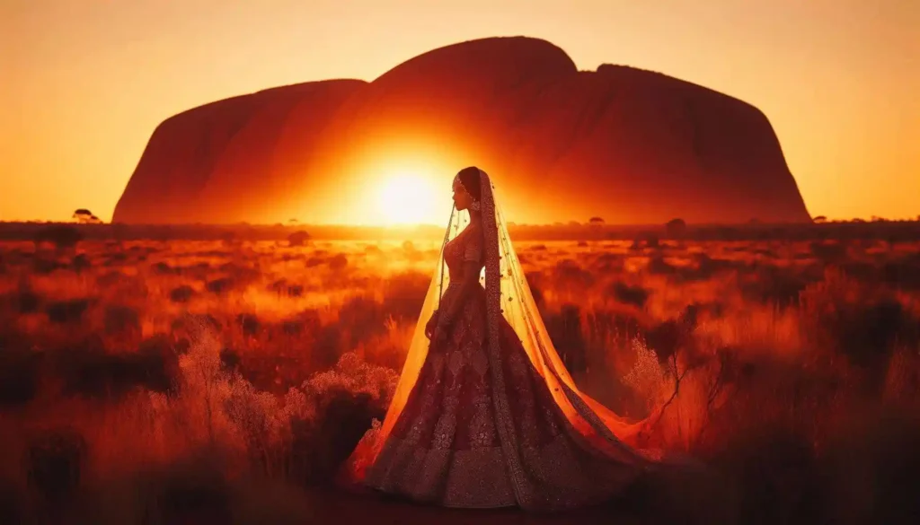 Indo-American woman in lehenga silhouetted against Uluru at sunrise.