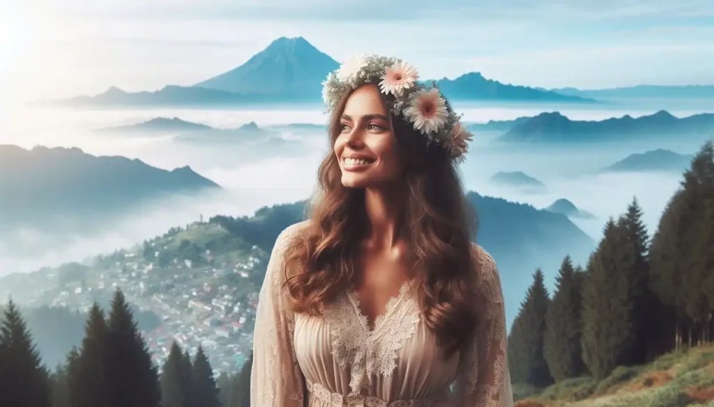 A woman in a flower crown enjoying the panoramic view from Japfu Peak in Nagaland, with morning mist swirling around her.