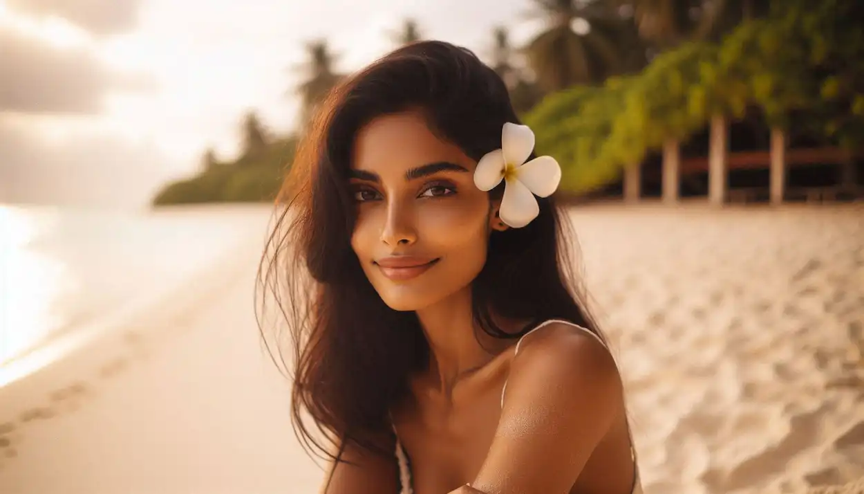 Serene woman on Paradise Beach, Pondicherry