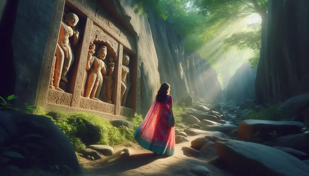 woman , hiking amidst Unakoti rock carvings in a salwar kameez