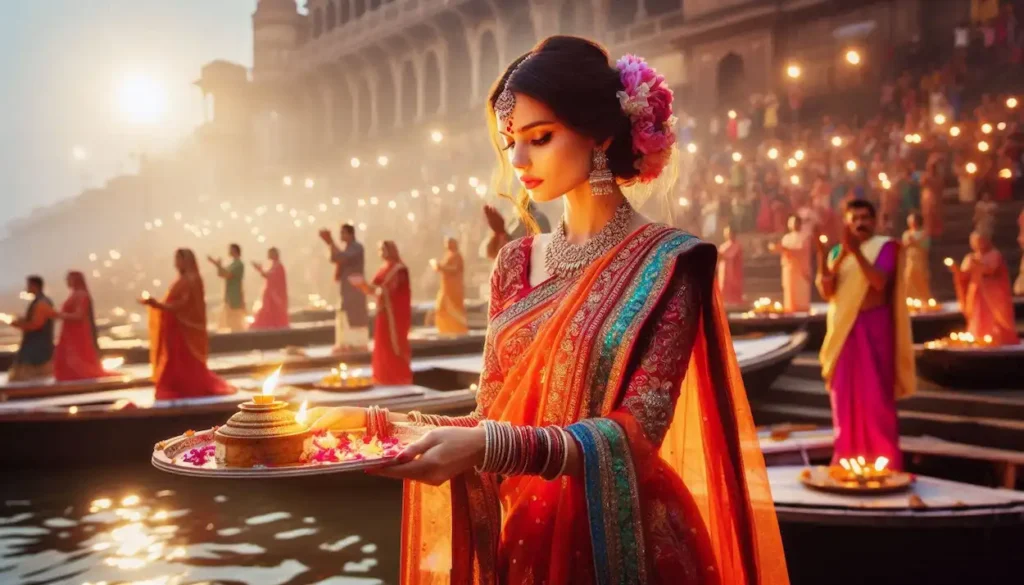 woman in lehenga at Ganga Aarti ceremony, Varanasi