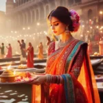 woman in lehenga at Ganga Aarti ceremony, Varanasi