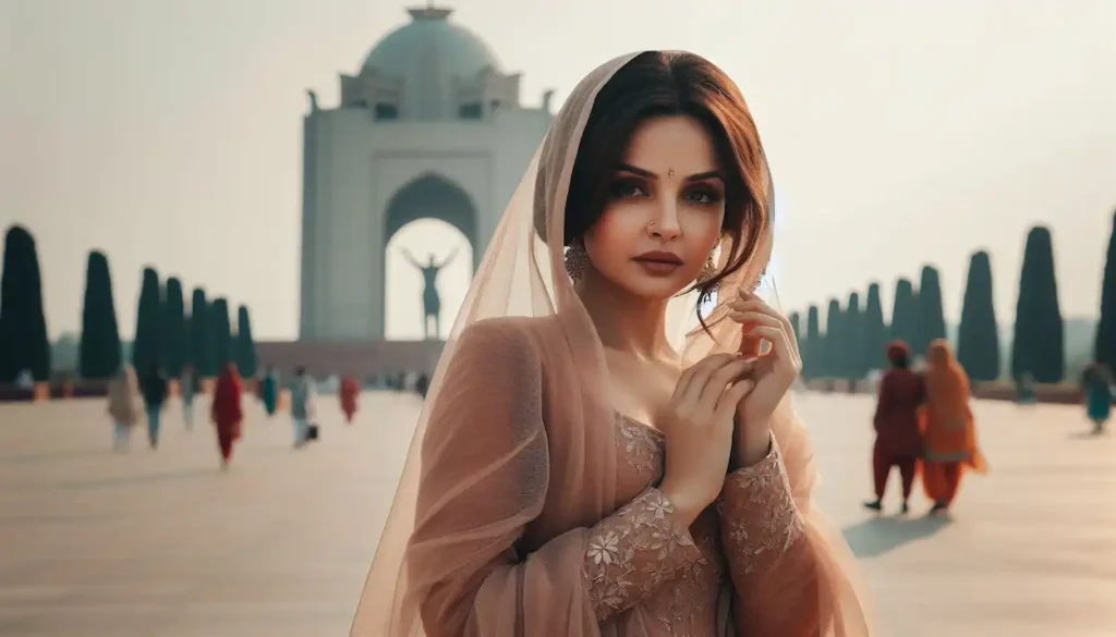 Graceful woman posing in front of the Open Hand Monument, Chandigarh.