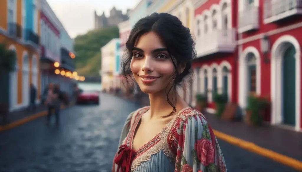 A stylish Indo-American woman strolls through the historic streets of Saint John, with colorful buildings and the Saint John River in the background