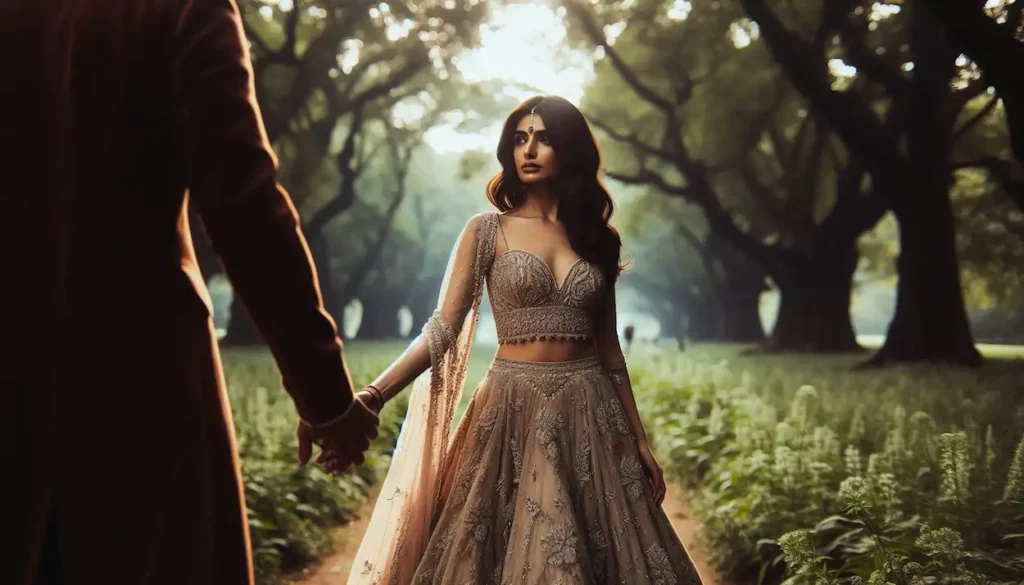 A woman in a delicate lehenga holds hands with her partner as they stroll through the peaceful Lodhi Gardens in Delhi