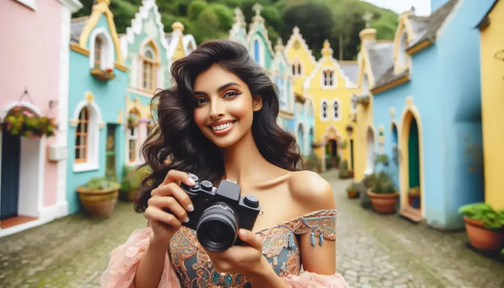 An elegant Indo-American woman strolling through the colorful village of Portmeirion in Wales.