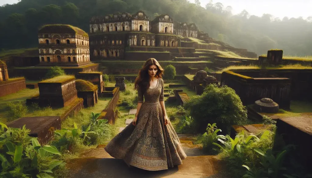 Woman in Potloi dress exploring the ancient ruins of Kangla Fort, Manipur.