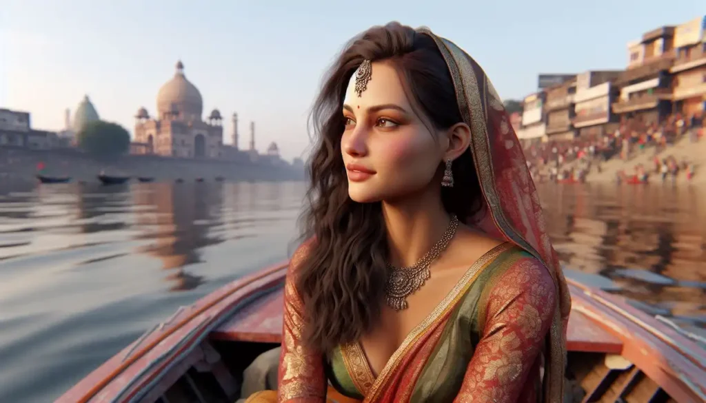 woman enjoying boat ride on Ganges River in Patna.