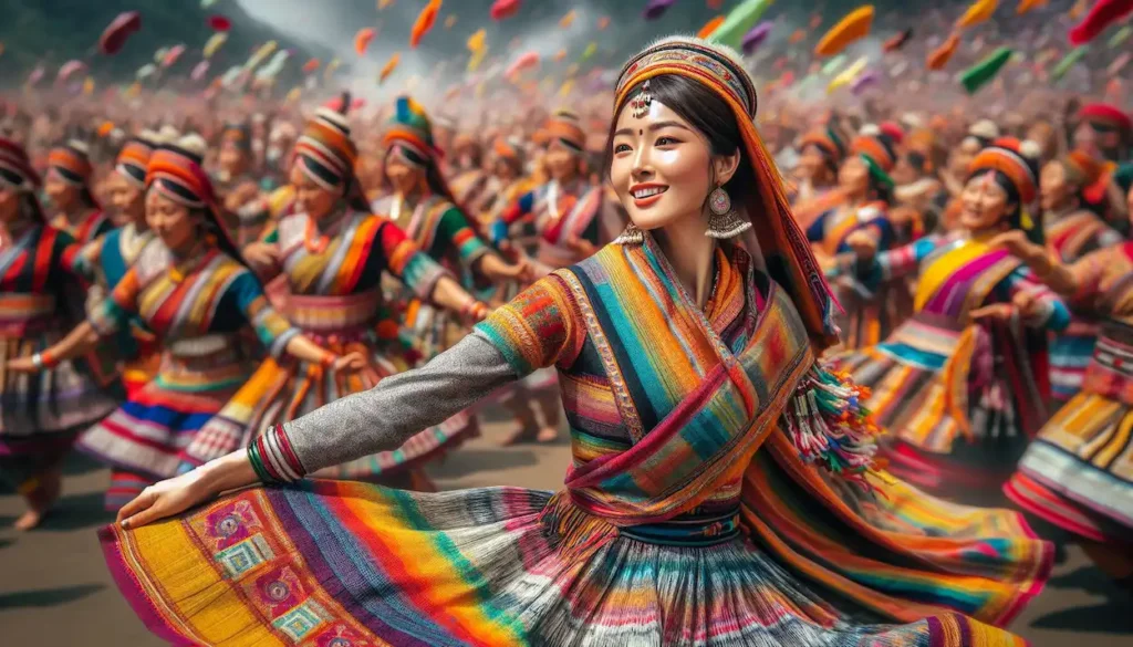 A woman in a mekhela chador dancing at the Hornbill Festival in Nagaland, India