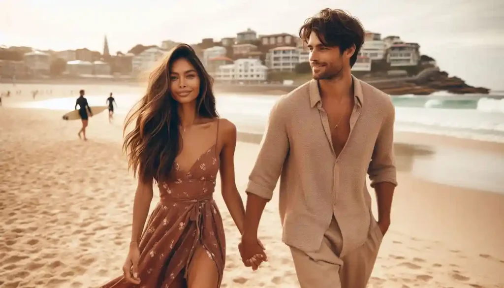 Indo-American couple strolling on Bondi Beach with surfers in background.