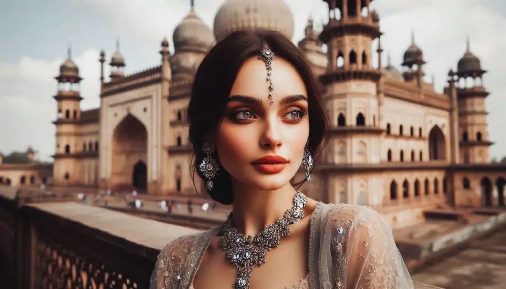 woman admires architecture of Bara Imambara, Lucknow