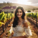 A smiling South Asian woman in a dress admires a vineyard in the Barossa Valley.