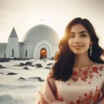 An Indo-American woman standing in front of the Igloo Church in Inuvik.