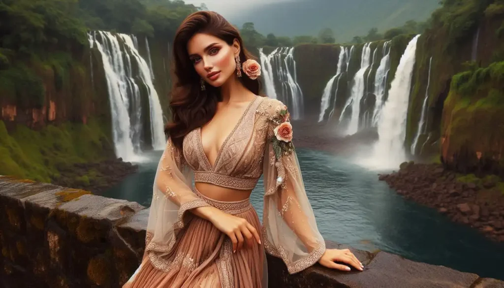 Indian woman in fusion outfit posing by Dudhani Waterfalls in Dadra & Nagar Haveli.