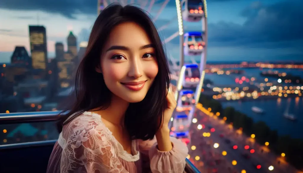 Indo-American woman enjoying the view from Montreal Ferris wheel at night. quebec