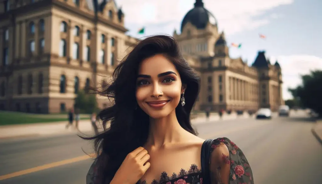 Elegant Indo-American woman strolling through historic Regina, Saskatchewan, with the Legislative Building in the backdrop.