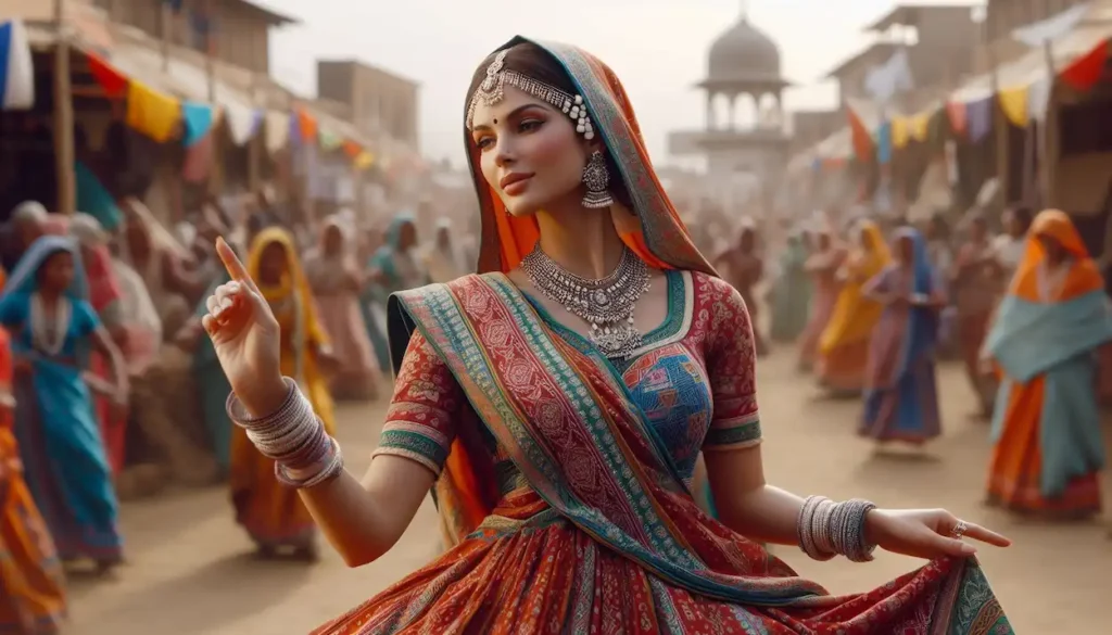 Joyful Indian woman in traditional Haryanvi attire dances at a vibrant village festival