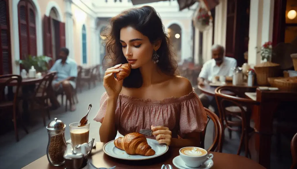 woman enjoying a croissant and coffee at a French cafe in Pondicherry.