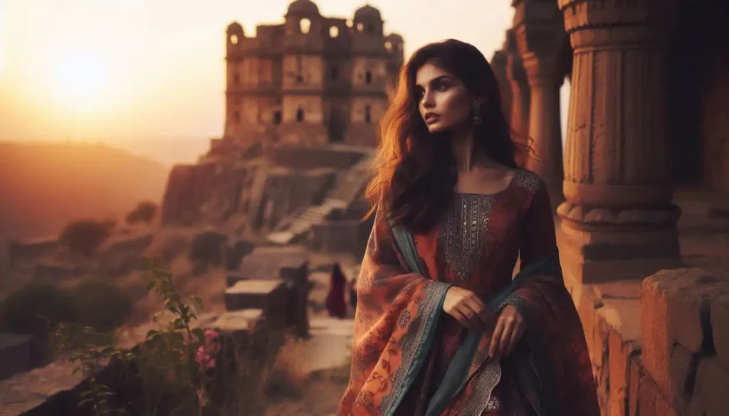 Fair woman , wearing a banjara outfit, exploring Medak Fort at dusk.