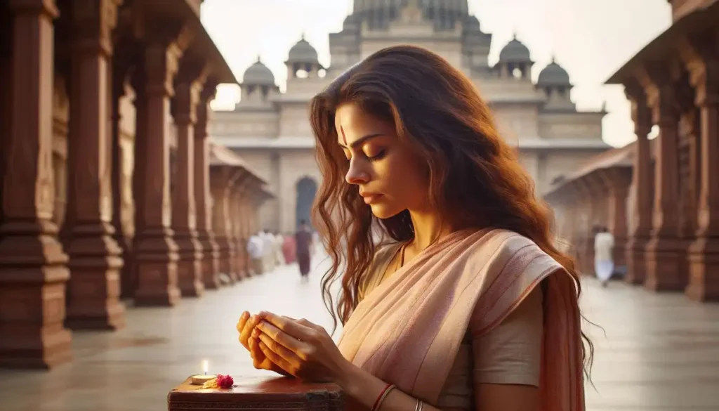 woman praying at Ram Janmabhoomi temple, Ayodhya