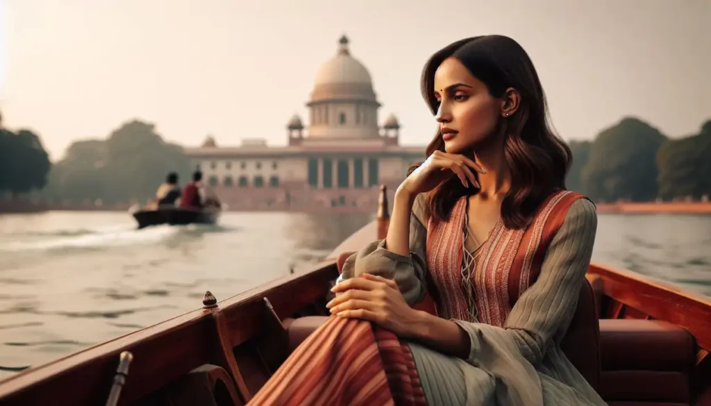 Woman enjoying boat ride on Sukhna Lake with Capitol Complex in the background.