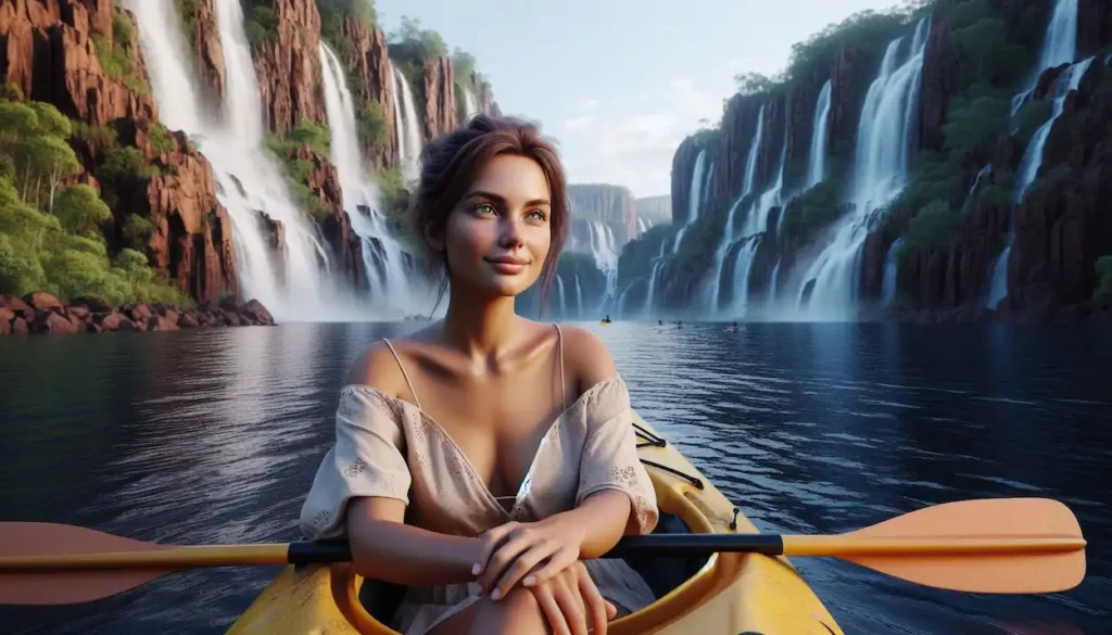 A woman kayaks through a scenic waterway on the Kimberley Coast, Western Australia, with waterfalls cascading down lush cliffs in the background.