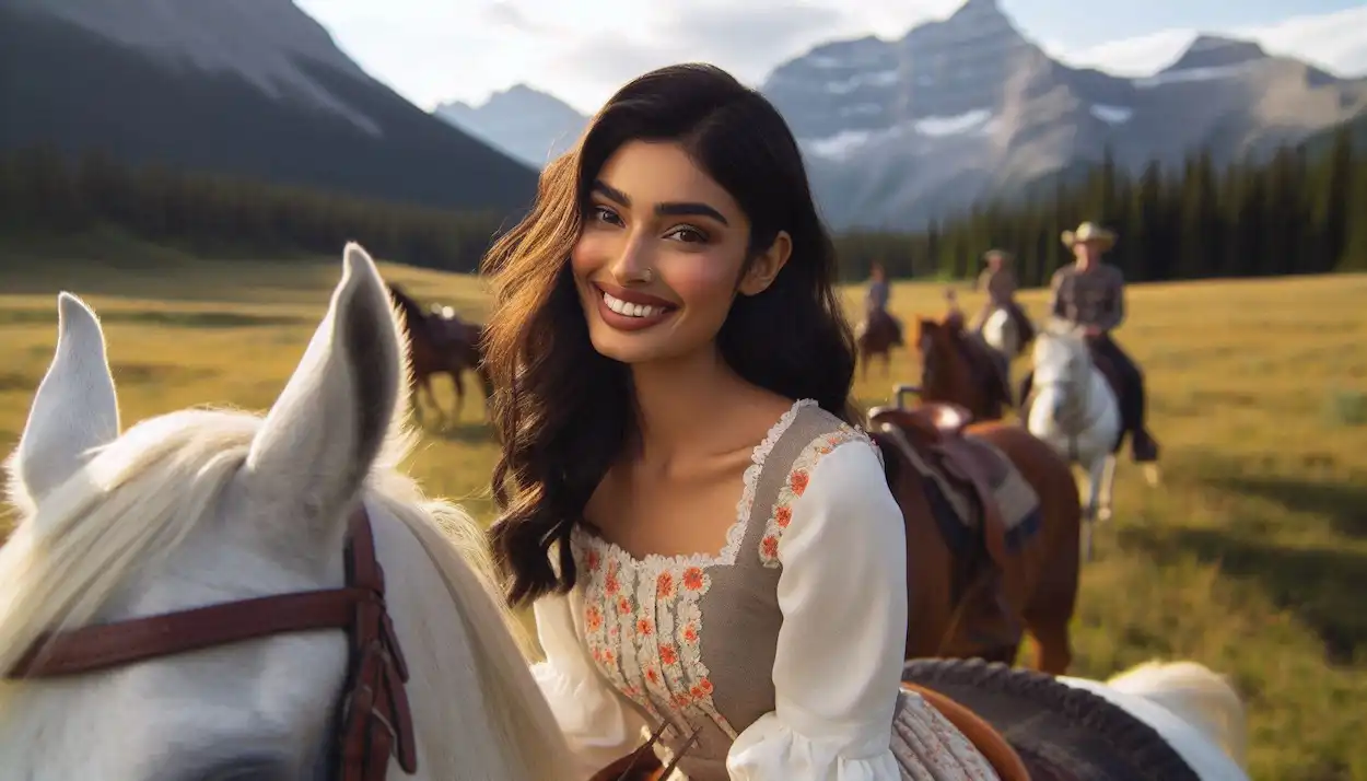 A woman with a joyful expression enjoys a horseback ride through the scenic meadows of Kananaskis Country.