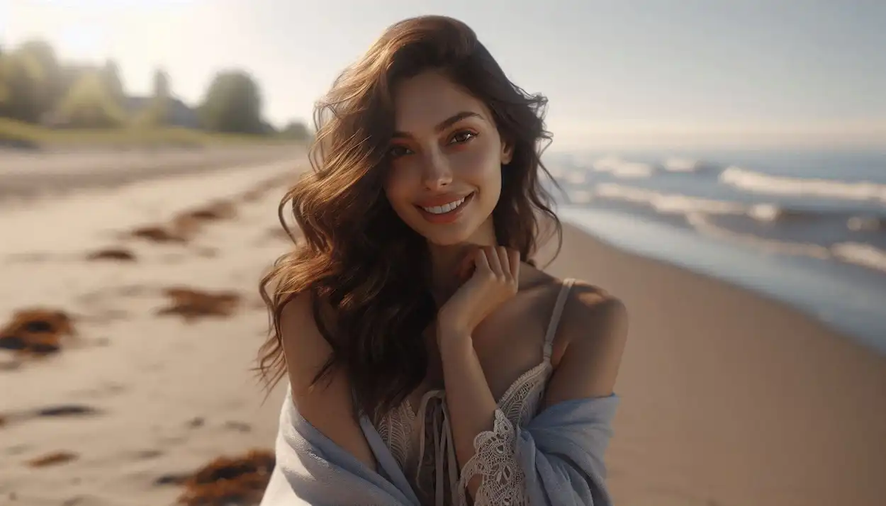 A relaxed Indo-American woman enjoys the sun and sand on Parlee Beach, with gentle waves lapping at the shore.