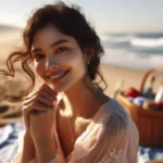 A smiling Indo-American woman enjoys a picnic on the sandy shores of Lawrencetown Beach, Nova Scotia.