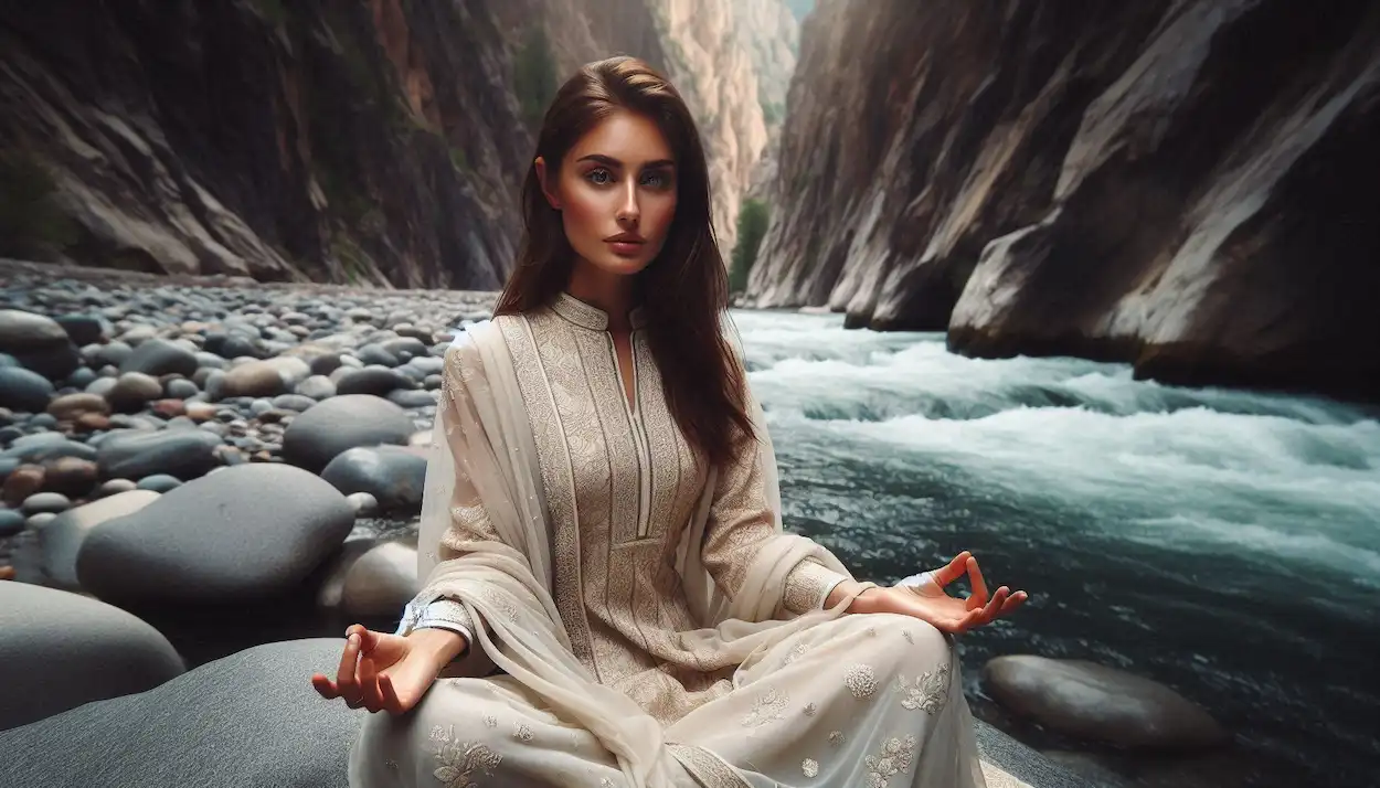 Woman meditating by Miles Canyon.