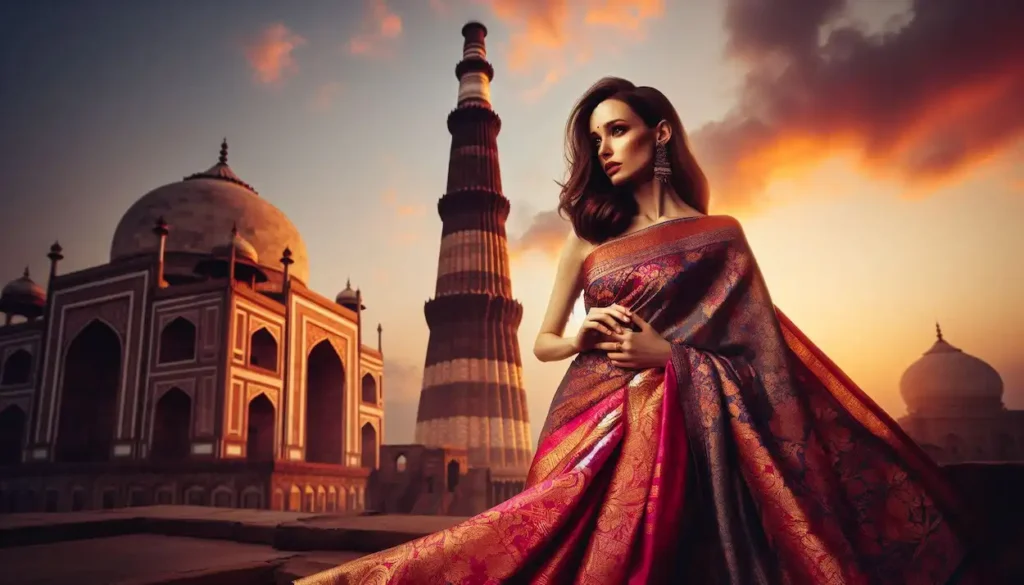 A woman in a traditional Banarasi silk saree poses in front of the towering Qutub Minar in Delhi