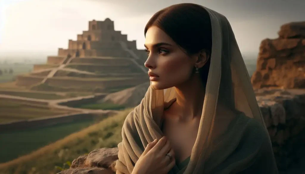 Pensive Indian woman in a dupatta contemplates the ancient ruins of Agroha Mound.