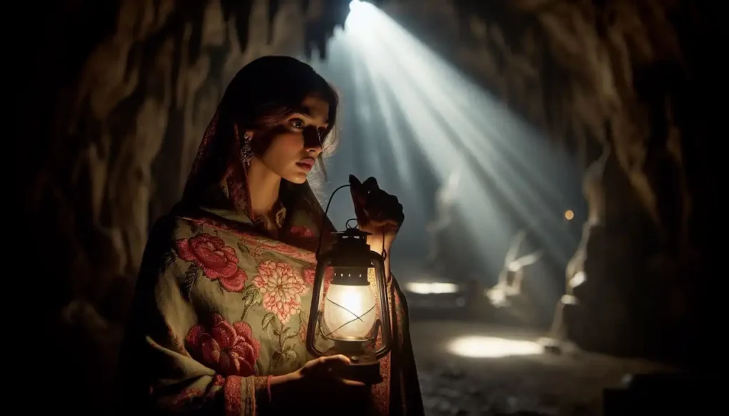 Woman with lantern exploring Krem Liat Prah cave