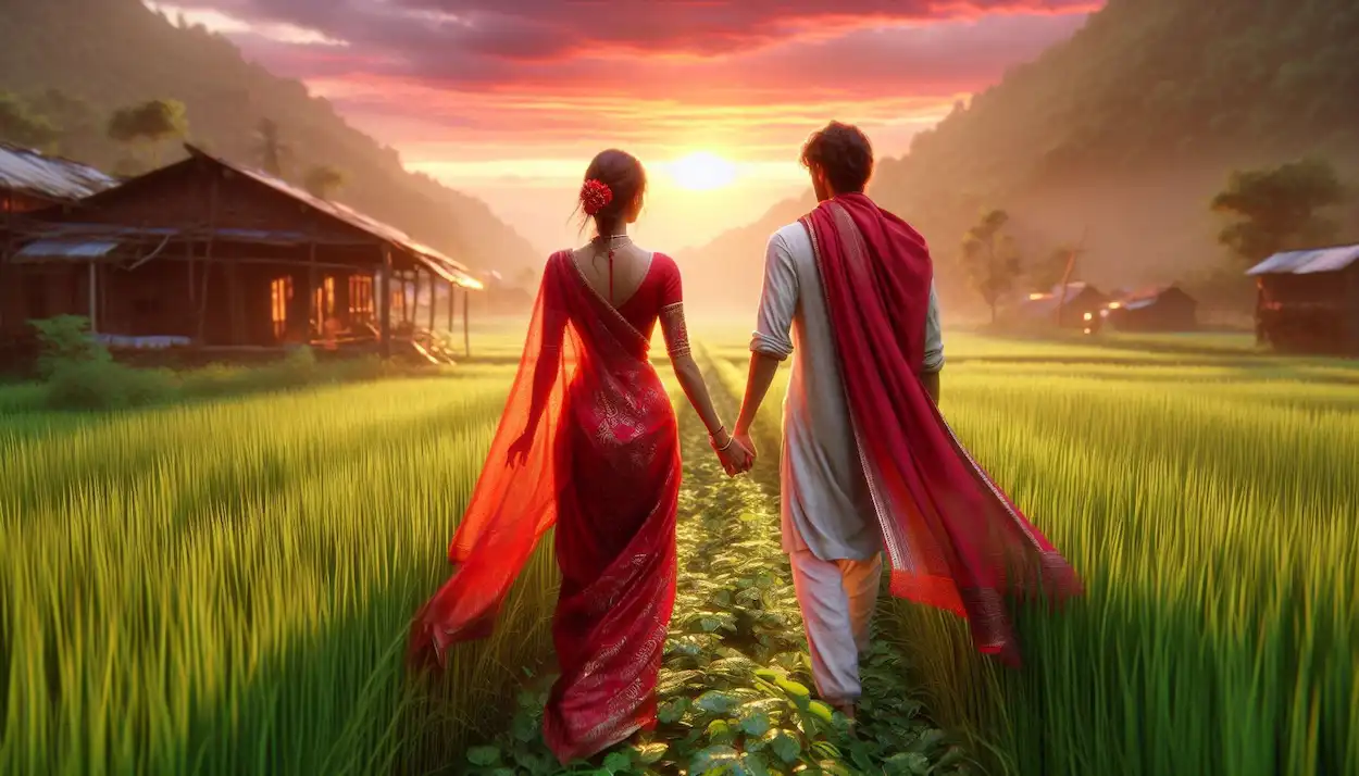 couple walking in the fields of rural Bihar.