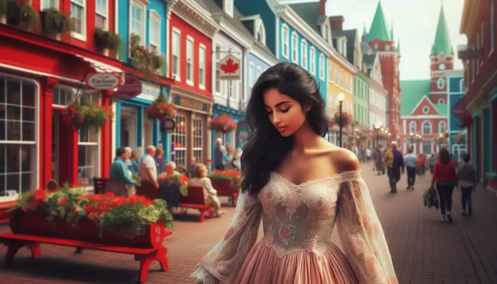 A smiling Indo-American woman explores the colorful shops and historic buildings of Victoria Row in Charlottetown.