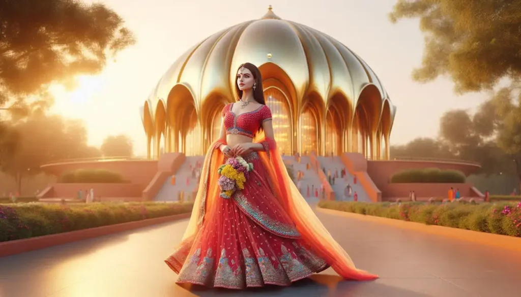 Woman in awe of the Matrimandir, the golden dome in Auroville, Pondicherry.