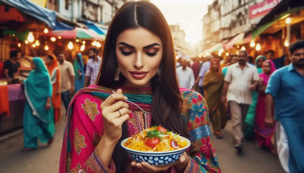 Fair woman , enjoying Hyderabadi biryani at a street food market.