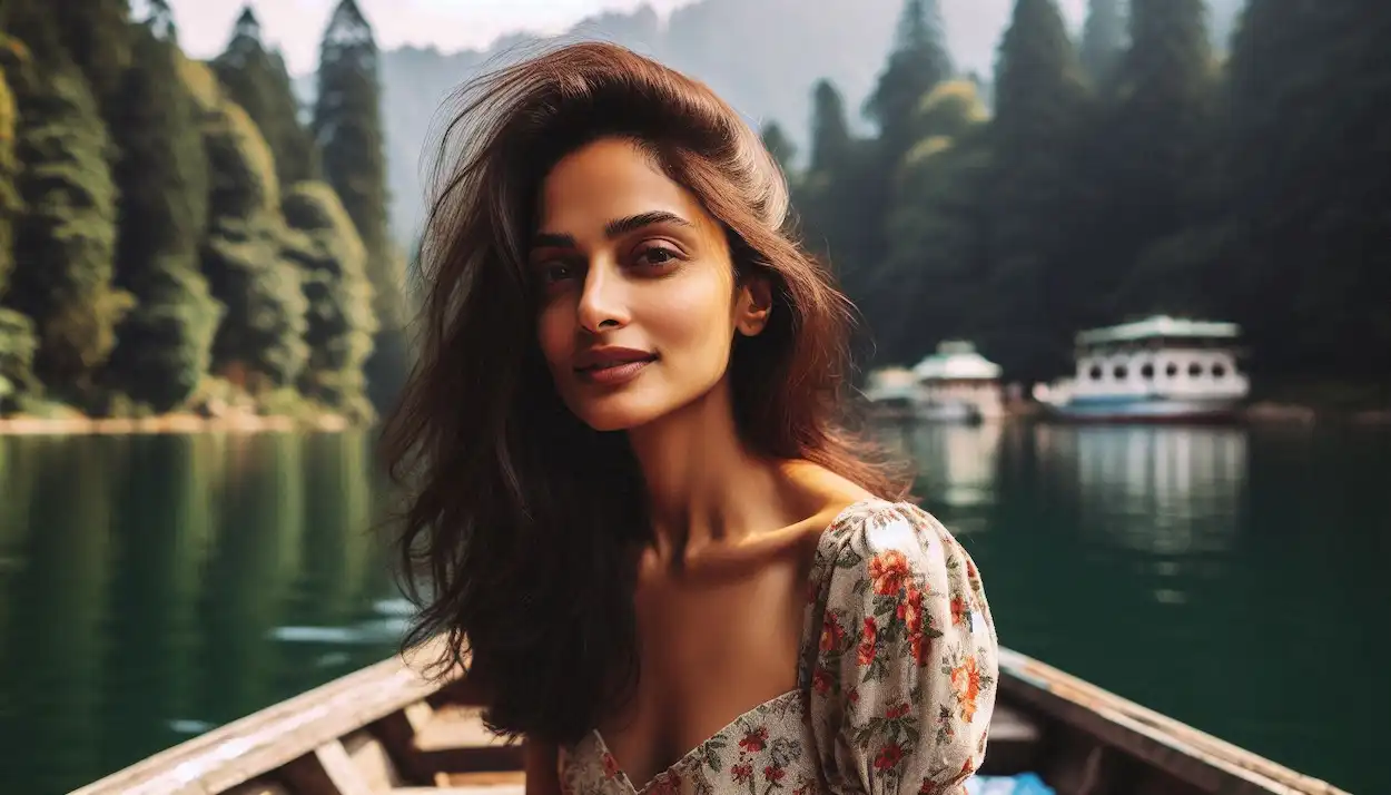 woman , wearing a floral dress, enjoys a boat ride on Dumboor Lake.