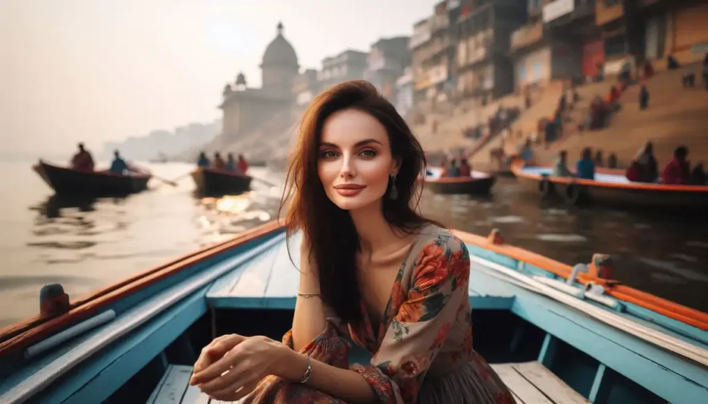 woman on boat ride, Ganges River, Varanasi