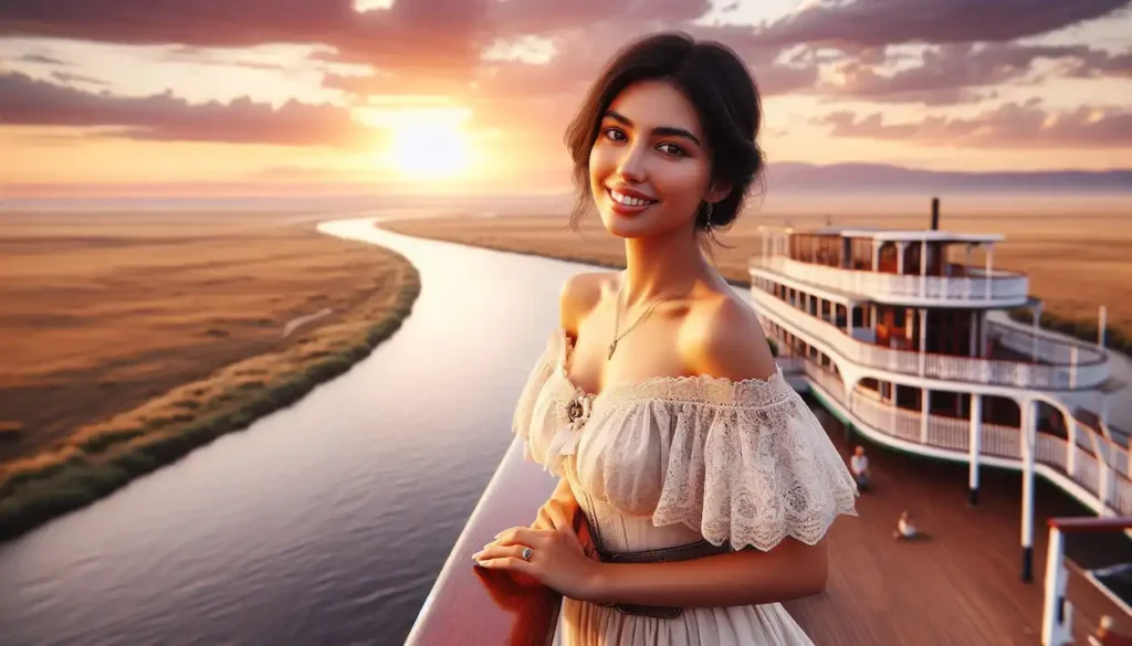 A smiling South Asian woman in a dress enjoys a scenic cruise on the Murray River.