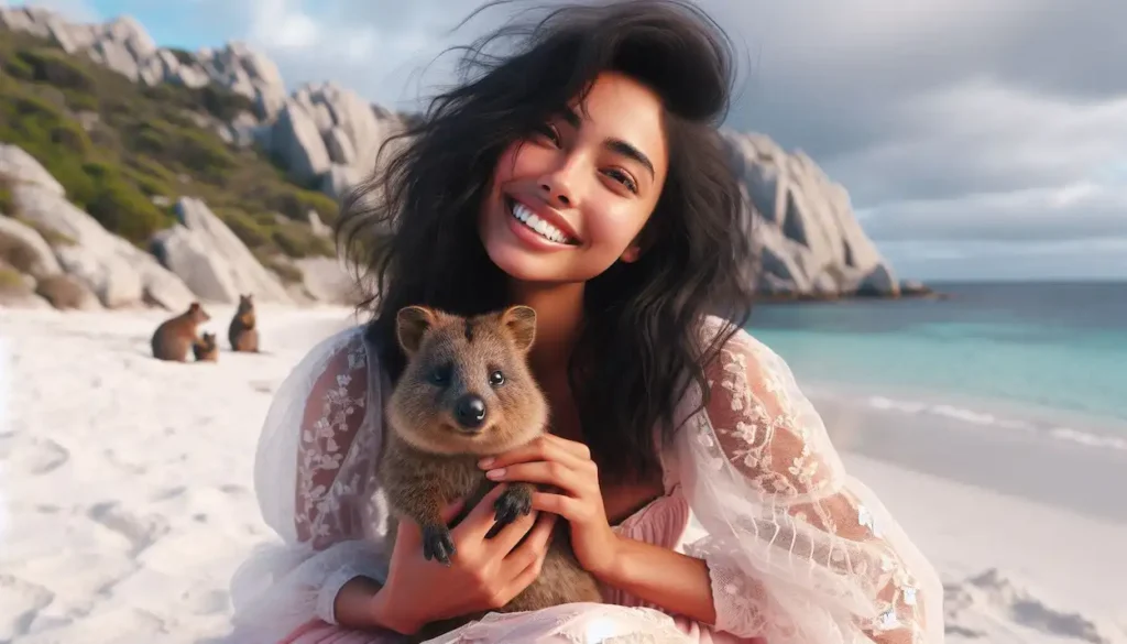 A woman smiles while holding a quokka, a small marsupial, on the beach of Rottnest Island, Western Australia.