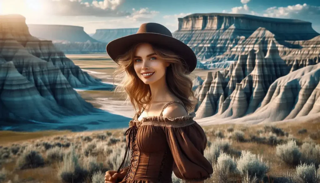 A woman in a flowing dress stands in awe of the unique hoodoo formations in the Alberta Badlands.