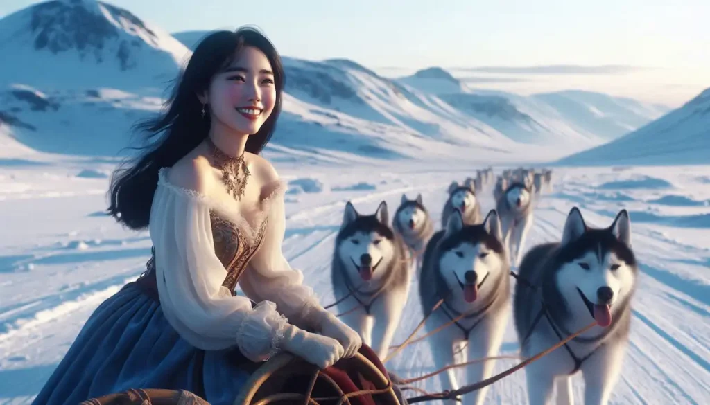 An Indo-American woman enjoys a dogsled ride in Nunavut's snowy landscape.